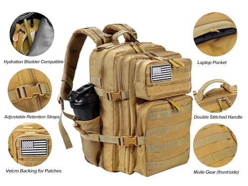 LHI Tactical Military Backpack for Men and Women 25L/35L Army Assault Pack Bag Small Rucksack with Bottle Holder - color: 35l-khaki, size: Medium
