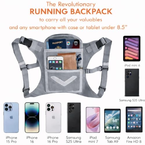 Runtasty Running Mini Backpack Vest for Men & Women, Reflective Phone Holder, Fits Any Phone & iPad Mini, Lightweight Gear - color: Light Gray