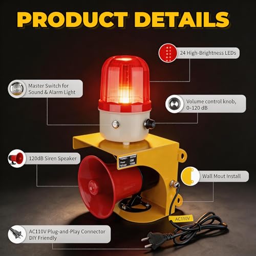 AC110V Industrial Siren Alarm Strobe Light-120dB Loud Horn&Waterproof Red Beacon Warning Light for Emergency,Factory,Fires,Tornado,Intruder Deterrent (with Switch&Volume – Adjustable 0–120dB) - style: With Switch & Volume – Adjustable 0–120dB