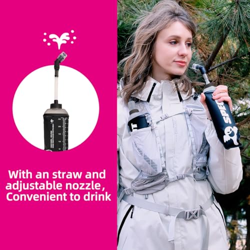 Soft Flask 2 Pack 500ml 16oz Collapsible TPU Water Bottle with Straw, Leak Proof for Hydration Pack Running Vest Hiking Cycling Marathon,Rose - color: Black (With straw) 2XPack