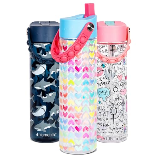 Elemental Splash 26oz Tritan Plastic Water Bottle with Straw & Pop-It Strap - color: Rainbow Heart, size: 26 Ounces