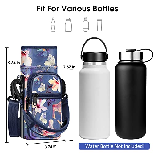 CaseBot Water Bottle Carrier Bag Sling Case, Sports Water Bottle Pouch Holder Sleeve with Adjustable Shoulder Hand Strap and 2 Pockets for Men Women Hiking Camping Travelling - color: Blooming Hibiscus