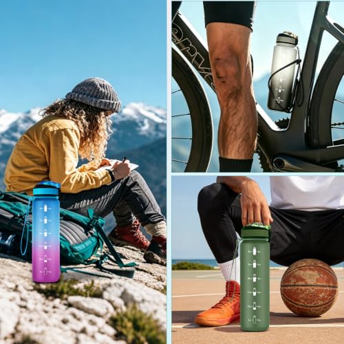 EYQ 32oz Water Bottle with Straw, Sports Bottle with Time Marker - color: 1.Blue/Purple Gradient