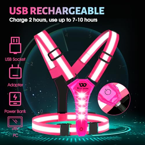 West Biking Running Reflective Vest, Light Up Vest for Night Walking, Night-Workers,Rechargeable Night Gear for Runners - color: Pink