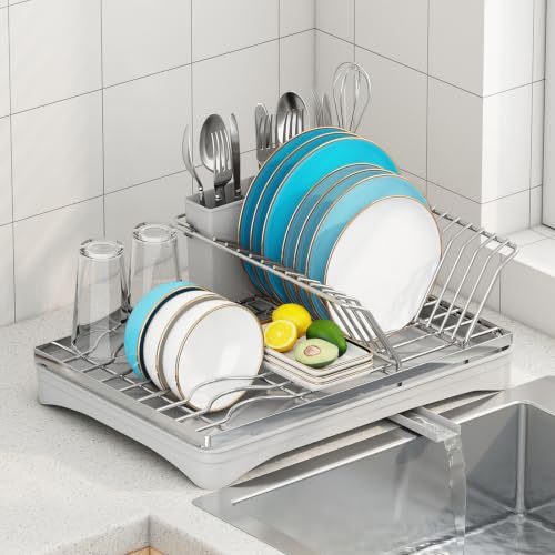 ANTOPY Dish Drying Rack Stainless Steel Dish Rack for Kitchen Counter, Rustproof Dish Drainer with Removable Cutlery Holder Self-Draining Drainboard, Compact Drying Rack Kitchen, 16.5''Lx11.8''W, Gray - style: Counter (Medium)