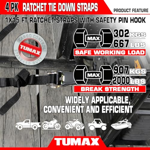 15 FT Ratchet Straps 4-PK 2000 lbs Heavy Duty Cargo Tie Down Straps - size: 2000lbs-Black