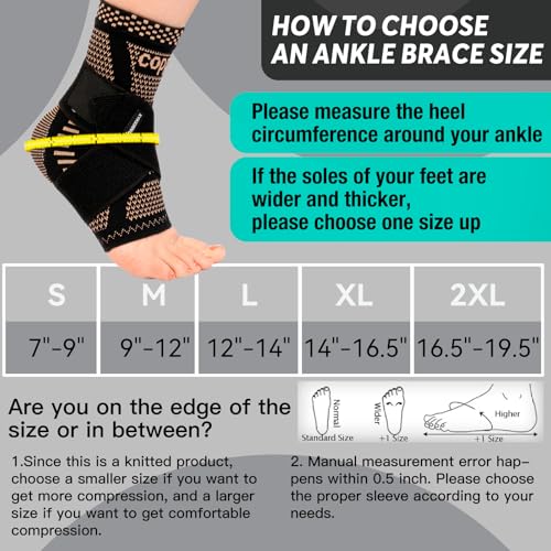 INDEEMAX Ankle Brace for Sprained Ankle Compression Sleeve, 2 Pack Copper Infused Ankle Support Brace for Women & Men, Plantar Fasciitis Relief Achilles Tendonitis, Sports Running, Copper Black, L - color: Copper Black, size: Large