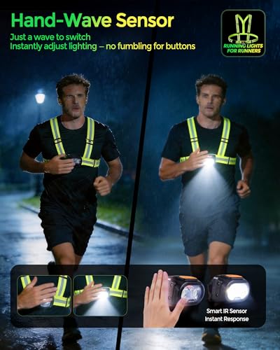 Running Lights for Runners, 500LM Rechargeable Chest Light with Hand-Wave Sensor, Hands-Free Night Running Light, IPX4 Waterproof, 45° Adjustable Beam for Jogging, Walking, Dog Walking