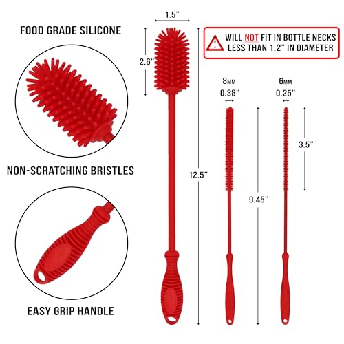 Kitchiny Silicone Bottle Brush 12.5 inch with 2 Straw Cleaners – Red - color: Red