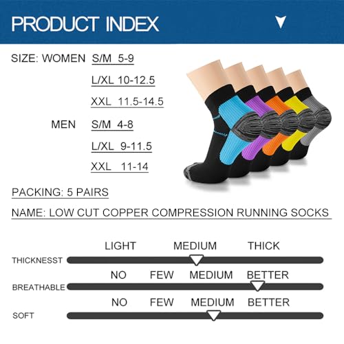 Iseasoo Ankle Compression Socks for Women Men, 5 Pairs Copper Running Socks - color: A07-5 Black, size: Small-Medium