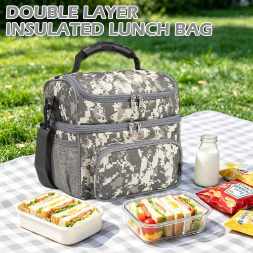 FlowFly Double Layer Cooler Insulated Lunch Bag Adult Lunch Box Large Tote Bag for Men, Women, With Adjustable Strap,Front Pocket and Dual Large Mesh Side Pockets - color: Digital Camo