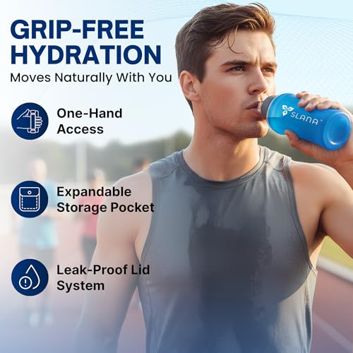 Handheld Running Water Bottle 18 oz – Grip-Free Collapsible Water Bottles for Running with Adjustable Strap & Thumbhole, Expandable Phone Pocket, Race Cap for One-Hand Drinking - color: Blue