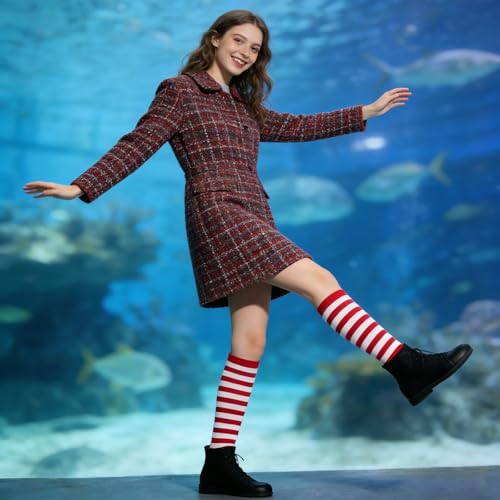 Gvhntk Knee High Striped Socks Long Thin Tube Sports Compression Socks Casual Stripe Tube Stockings for Running - color: Red and White