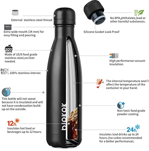 BJPKPK 17 oz Insulated Water Bottle, Stainless Steel Flask, Leak Proof - color: A-Midnight black, size: 17 Ounces