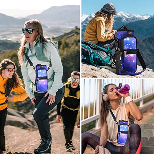 AUPET Water Bottle Sling Bag Sleeve Holder Carrier 25/32/40/64 oz,Insulated Crossbody Water Bottle Case Cover with Strap and Pockets for Men/Women Walking Hiking - color: purple starry sky, size: 32oz