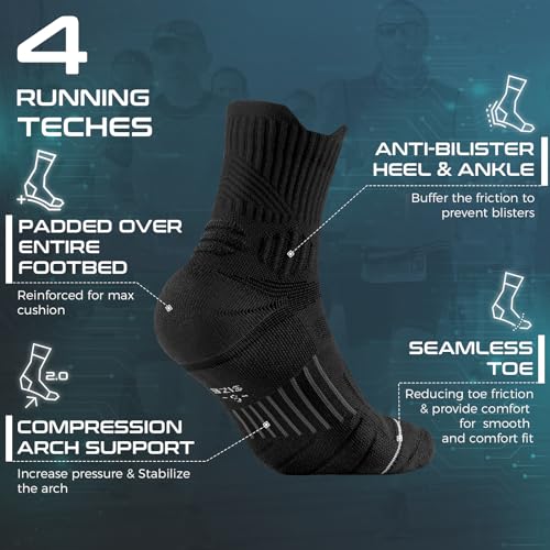 Rahhint CoolMax Quarter Compression Running Socks for Men Women, Wicking Cushion Athletic Hiking Socks 3 Pairs - color: Black, size: 9-13