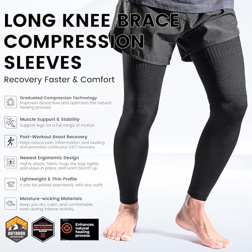 MGANG Full Leg Sleeves, Long Knee Brace for Basketball, Knee Pain Relief - color: All Black, size: Medium