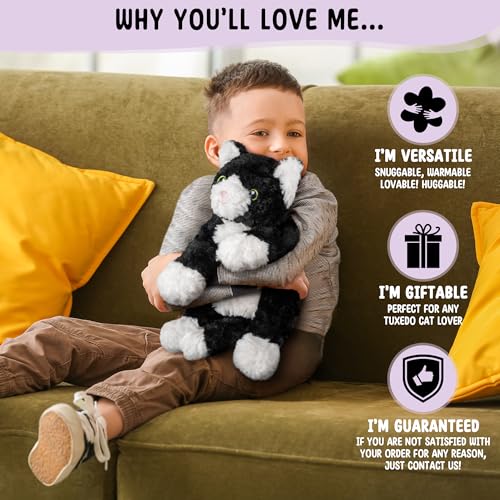 Tuxedo Cat Microwavable Stuffed Animal – 1.5 lb Unscented Heating Pad Plush, Soft Cozy Black & White Cat Toy for Relaxation and Comfort, Gift for Women, Girls, Adults & Kids by Happy Fuel - color: Tuxedo Cat (Lying Down)