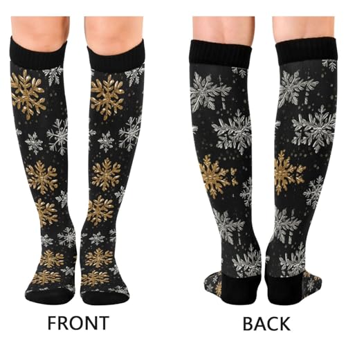 Snowflake Red Christmas Compression Sock for Women Men Funny Support Knee High Socks Running,Nurses,Travel - color: Gold Silver Snowflakes