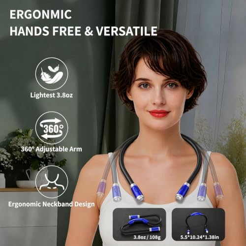 Rechargeable LED Book Light, Neck Hug Light Reading Lamp Relaxed Reading in Bed, 3 Brightness Levels, 2 Flexible Soft Silicone Arms Comfortable Wear. Perfect for Bookworms & Crafts, Blue - color: Blue