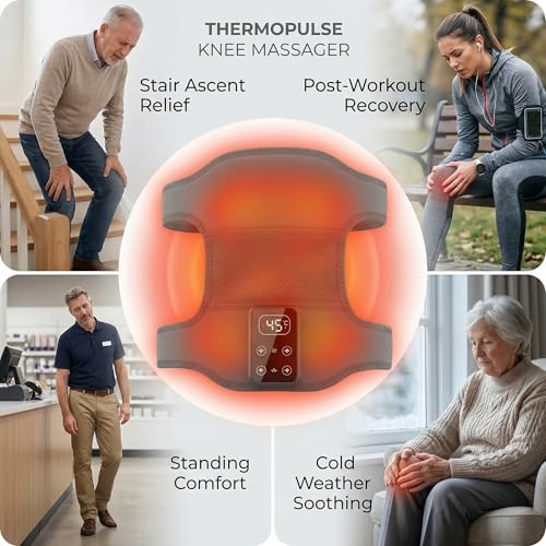 Knee Massager for Pain Relief with Heat, Heated Knee Brace Wrap, Cordless Knee Massager with 5 Heat Levels & 3 Vibration Modes, for Knee Shoulder Elbow, Hot & Cold Gel Pack, Gift for Mom Women Men