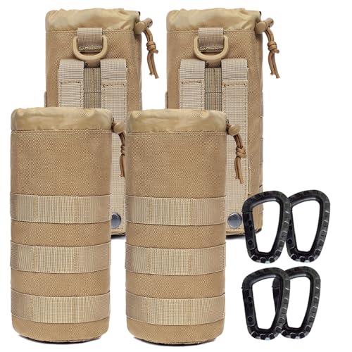 Water Bottles Pouches - 1000D Tactical Molle Drawstring 32OZ Hydration Carrier Bag - color: 4 Pack Tan