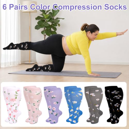 Jspupifip 6 Pairs Plus Size Compression Socks for Women, Wide Calf - color: Black, Pink, Blue, White, Gray, Purple, size: XX-Large