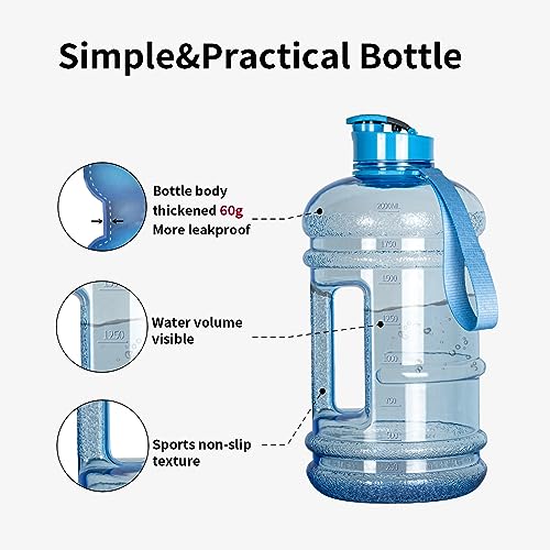 TOOFEEL 2.2 Liters Gym Big Sports Water Bottles for Men - Reusable BPA Free Plastic Clear Water Jug - Unique Water Bottles, Comfurtable to Touch and Easy to Clearn - Transparent Light Blue - color: Transparent Light Blue bottle, style: 74 oz water bottle