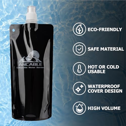 Ancable 17oz Collapsible Water Bottles, 6-Pack Reusable Travel Foldable Water Bottles for Hiking Camping Running Bike, BPA-Free Water Bottle - color: Black x 6, size: 17 Ounces