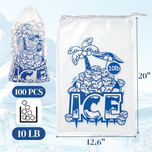 Dicunoy 100 Pieces Ice Bags 10 LB, Reusable Ice Cube Bags with Drawstring, Clear Plastic Storage Bags for Ice Machine Heavy Duty Freezer Safe for Home Party Camping