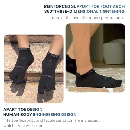 Toe Socks for Men and Women Athletic Running Coolmax Five Finger Ankle/Quarter Socks Breathable Lightweight, 3 Pairs - color: E4110# Black, size: Medium