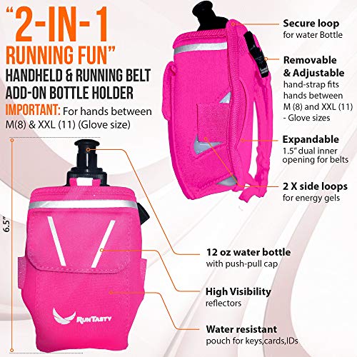2-in-1 Running Fun: Handheld 12 Oz Water Bottle & Running Belt Add-On. No-Grip Design Straps on Hand & Slides on Belt. Waterproof Pocket for Money, Keys. Maximize Time, Freedom & Health - color: Hot Pink