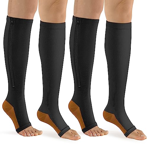 bropite Zipper Compression Socks Women & Men - 2Pairs Calf Knee High 15-20mmHg Open Toe Compression Stocking suit for Walking - color: Black Copper Open Toe, size: Large-x-large