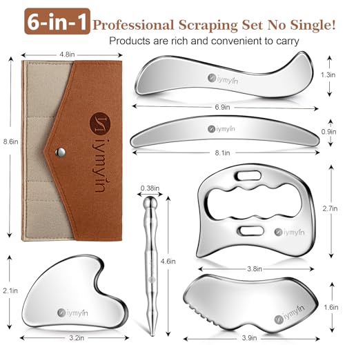 6-in-1 304 Stainless Steel Muscle & Fascia Scraper Tool Set, for Body Skin Massage and Sore Muscles, Myofascial, Iastm Tools, Soft Tissue Mobilization Tools, Full Body Gua Sha Kit, Gift-for Her