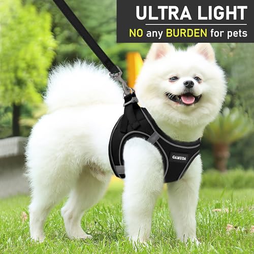 GAMUDA Small Dog Harness Collar and Leash Set, Step in No Chock No Pull Linen Fabric Soft Mesh Dog Vest Harnesses Reflective for Dogs Puppy Cats Kitten Rabbit (Black, M) - color: Black, size: Medium