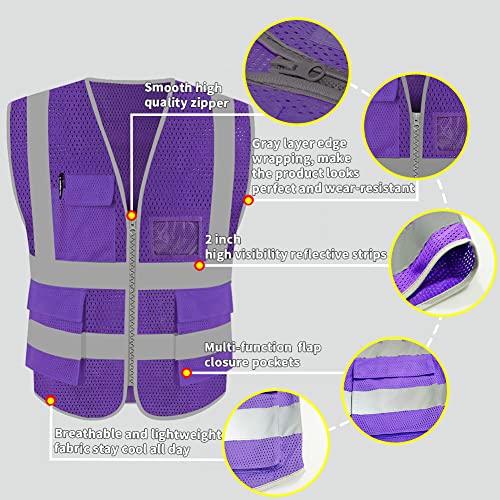HYCOPROT High Visibility Mesh Safety Reflective Vest with Pockets and Zipper, Meets ANSI/ISEA Standards - color: Purple, size: Medium