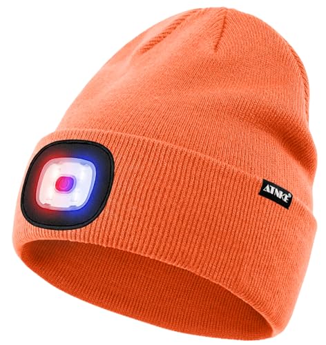 ATNKE LED Lighted Beanie Hat,USB Rechargeable 4 LED Red and Blue Flashing Running Headlamp Cap Gifts for Men and Women - color: #Bright Orange