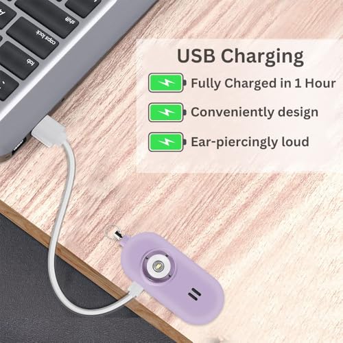 Rechargeable Personal Safety Alarm for Women. 130dB Siren. Ear-Piercingly Loud w/ Flashing LED Strobe Light Siren Keychain - color: Lavender