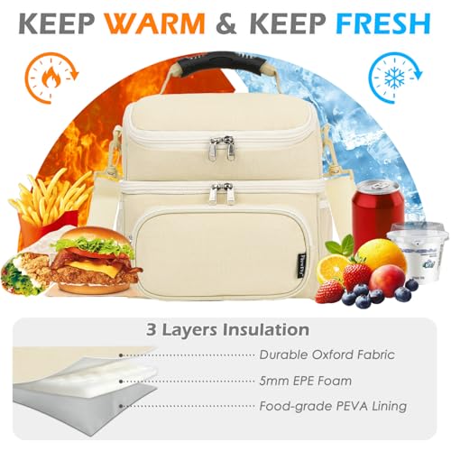 FlowFly Double Layer Cooler Insulated Lunch Bag Adult Lunch Box Large Tote Bag for Men, Women, With Adjustable Strap,Front Pocket and Dual Large Mesh Side Pockets - color: Biege