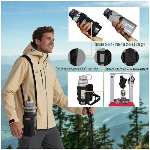Detachable Water Bottle Holder with Strap & Tactical Pouch, MOLLE Bottle Carrier Sling, Manual Strap Adjustment for Perfect Fit of Most 18-64 oz Bottles, Black - color: Black