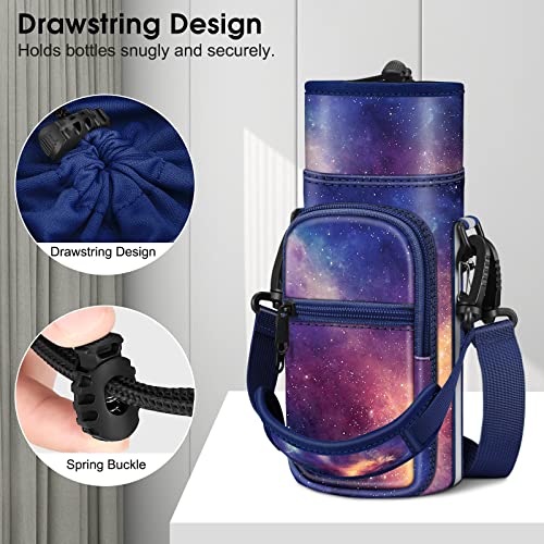 CaseBot Water Bottle Carrier Bag Sling Case, Sports Water Bottle Pouch Holder Sleeve with Adjustable Shoulder Hand Strap and 2 Pockets for Men Women Hiking Camping Travelling - color: Galaxy