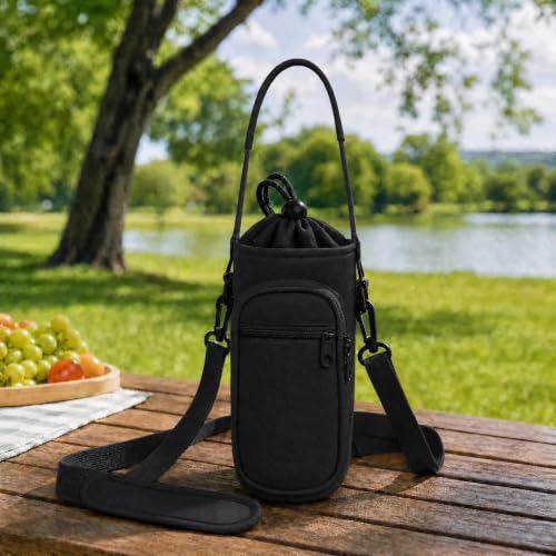 Crossbody Water Bottle Holder with Strap, Phone Pocket(Black, 32.0, Ounces) - color: Black