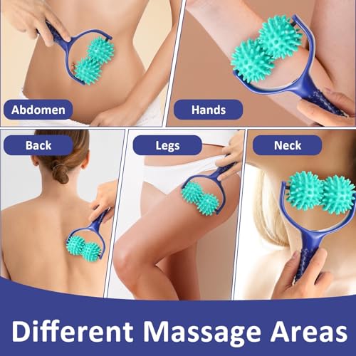 Spiky Massage Ball Roller with Handle (2 Pack) - Acupressure Deep Tissue Massager for Back, Neck, Foot & Plantar Fasciitis Relief - Premium Canvas Travel Bag - Muscle Recovery & Trigger Point Tool