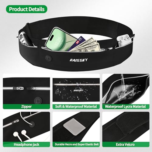 Slim Running Belt Fanny Pack for Men Women, Running Phone Holder, Waist Pack Runners Bag Money Belt with 3 Separate Zipper Pouch to Store Your Phone Key Money Safe, Waist Bag-Black - color: Dark