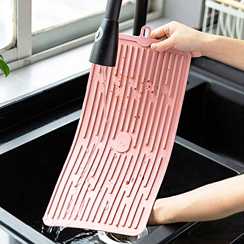 Dish Drying Mat,Large Silicone Drying Mat,Silicone Kitchen Countertop Drying Mat for Pots, Pans, Glassware, Silverware (Pink) - color: M+ (15.3" x 7.8") Pink