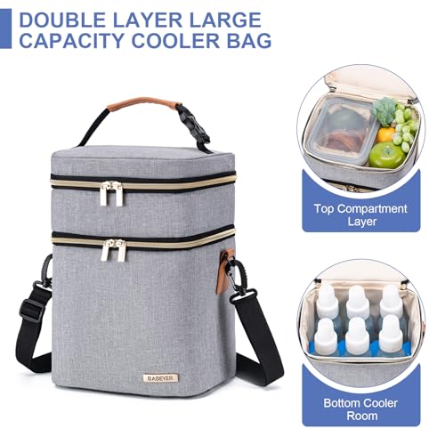 Breastmilk Cooler Bag with Ice Pack Fits 6 Baby Bottles Up to 9 Ounce, Double Deck Leak-Proof Baby Bottles Bag with Shoulder Strap for Nursing & Working Mom, - color: Grey