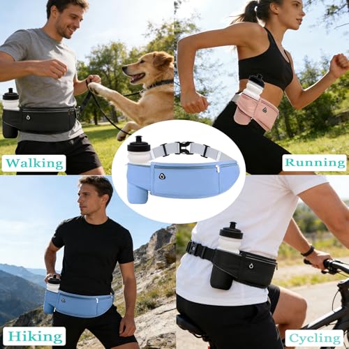 Running Belt with Water Bottle Holder, 3 Pockets Large Cross Body Mens Fanny Pack for Girls Women Boys Kids Phone Pouch,Slim Waist Bag Fit Hiking Hydration Runners Walking Workout Travel Blue - color: 03-Blue