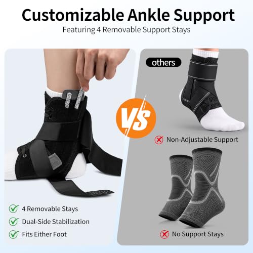 Ankle Brace Support Lace Up for Women & Men, 4 Stays for Sprains - color: Matte Black