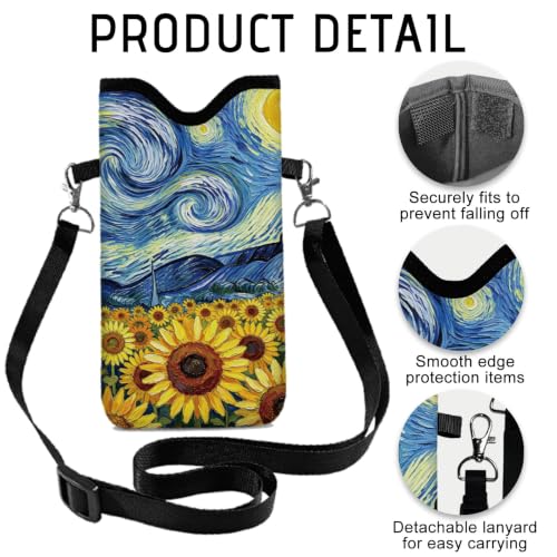 GLOBLELAND Starry Sky Sunflower Cell Phone Sleeve Pouch Case Bag 7.1×3.9 inch Shockproof Universal Phone Bag with Crossbody Strap Neck Lanyard for Women Men Phone Headphones Watch - color: Starry Sky Sunflower