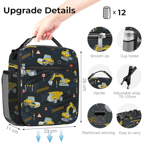 Clastyle Car Insulated Kid Lunch Bag for Boy Lunch Box, Black Truck - color: Black Construction Car